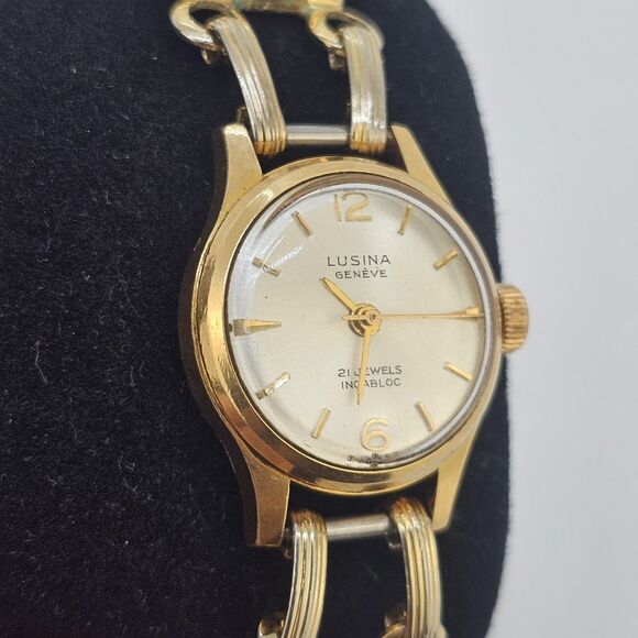 VTG Lusina Geneve 20MM Wind Up Women's Watch 21 Jewels Scarab Band 7" WORKING - Picture 5 of 13